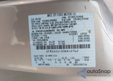 2003 Ford Windstar Lx z USA, uszkodzony, nr VIN 2FMZA51433BA42762